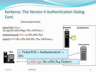 Kerberos: The Version 4 Authentication Dialog
Cont.
Once per type of service

ticketTGS=EKtgs
[Kc.tgs,IDc,ADc,IDtgs, TS2, LifeTime2 ]

KERBEROS

AuthenticatorC=EKc.tgs[IDc,ADc,TS3]
ticketV=EKV[Kc.v,IDc,ADc,IDv, TS4, LifeTime4 ]

3- TicketTGS + AuthenticatorC +
IDv
4-EKc.tgs[ Kc.v,IDv,Ts4,Ticketv]
7/10/2013

KERBEROS

16

 