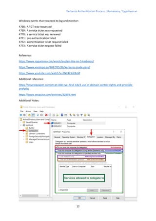 Kerberos Authentication Process | Ramasamy, Yogeshwaran
12
Windows events that you need to log and monitor:
4768 : A TGT was requested
4769 : A service ticket was requested
4770 : a service ticket was renewed
4771 : pre-authentication failed
4772 : authentication ticket request failed
4773 : A service ticket request failed
Reference:
https://www.roguelynn.com/words/explain-like-im-5-kerberos/
https://www.vanimpe.eu/2017/05/26/kerberos-made-easy/
https://www.youtube.com/watch?v=5N242XcKAsM
Additional reference:
https://developpaper.com/ms14-068-cve-2014-6324-use-of-domain-control-rights-and-principle-
analysis/
https://www.secpulse.com/archives/32859.html
Additional Notes:
 