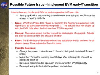 Possible Future Issue - Implement EVM early/Transition

Lesson Learned: Implement EVM as early as possible in Project Life
    – Setting up EVM in the planning phase is easier than trying to retrofit once the
       project is nearing maturity

•   Issue: EVM from Phase B to Phase C. Currently the Agency’s requirement is to
    report EVM 60 days after entering into phase C. The actuals have not caught up
    with the EVM data when the first month of EVM is required

•   Causes: The same project number is used for each phase of a project. Actuals
    are slow to catch up from one phase to another

•   Effect: The EVM data will be distorted until the actuals for the EV and cost for all
    phases except C are subtracted from the totals.

•   Possible Solutions:
     – Change the project code after each phase to distinguish costs/work for each
       phase
     – Make the 1st month’s reporting due 90 days after entering into phase C for
       actuals to catch up
     – Develop a recommended approach and document in EVM Capability
     – Develop training to illustrate the problem and solution

                                                                                           15
 