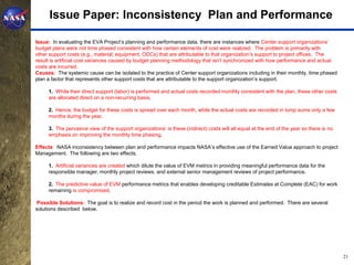 Issue Paper: Inconsistency Plan and Performance

Issue: In evaluating the EVA Project’s planning and performance data, there are instances where Center support organizations’
budget plans were not time phased consistent with how certain elements of cost were realized. The problem is primarily with
other support costs (e.g., material; equipment, ODCs) that are attributable to that organization’s support to project offices. The
result is artificial cost variances caused by budget planning methodology that isn’t synchronized with how performance and actual
costs are incurred.
Causes: The systemic cause can be isolated to the practice of Center support organizations including in their monthly, time phased
plan a factor that represents other support costs that are attributable to the support organization’s support.

     1. While their direct support (labor) is performed and actual costs recorded monthly consistent with the plan, these other costs
     are allocated direct on a non-recurring basis.

     2. Hence, the budget for these costs is spread over each month, while the actual costs are recorded in lump sums only a few
     months during the year.

     3. The pervasive view of the support organizations’ is these (indirect) costs will all equal at the end of the year so there is no
     emphasis on improving the monthly time phasing.

Effects: NASA inconsistency between plan and performance impacts NASA’s effective use of the Earned Value approach to project
Management. The following are two effects.

     1. Artificial variances are created which dilute the value of EVM metrics in providing meaningful performance data for the
     responsible manager, monthly project reviews, and external senior management reviews of project performance.

     2. The predictive value of EVM performance metrics that enables developing creditable Estimates at Complete (EAC) for work
     remaining is compromised.

 Possible Solutions: The goal is to realize and record cost in the period the work is planned and performed. There are several
solutions described below.




                                                                                                                                          21
 