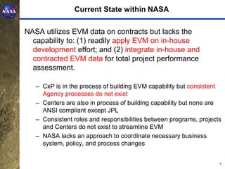 Current State within NASA

NASA utilizes EVM data on contracts but lacks the
  capability to: (1) readily apply EVM on in-house
  development effort; and (2) integrate in-house and
  contracted EVM data for total project performance
  assessment.

   – CxP is in the process of building EVM capability but consistent
     Agency processes do not exist
   – Centers are also in process of building capability but none are
     ANSI compliant except JPL
   – Consistent roles and responsibilities between programs, projects
     and Centers do not exist to streamline EVM
   – NASA lacks an approach to coordinate necessary business
     system, policy, and process changes


                                                                    8
 