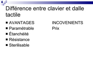 Différence entre clavier et dalle tactile AVANTAGES INCOVENIENTS Paramétrable Prix Étanchéité Résistance Sterilisable 