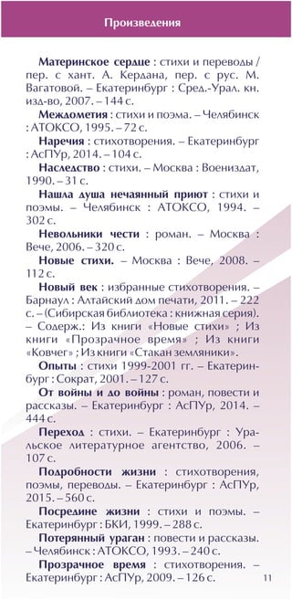 11
Ìàòåðèíñêîå ñåðäöå : ñòèõè è ïåðåâîäû /
ïåð. ñ õàíò. À. Êåðäàíà, ïåð. ñ ðóñ. Ì.
Âàãàòîâîé. – Åêàòåðèíáóðã : Ñðåä.-Óðàë. êí.
èçä-âî, 2007. – 144 ñ.
Ìåæäîìåòèÿ : ñòèõè è ïîýìà. – ×åëÿáèíñê
: ÀÒÎÊÑÎ, 1995. – 72 ñ.
Íàðå÷èÿ : ñòèõîòâîðåíèÿ. – Åêàòåðèíáóðã
: ÀñÏÓð, 2014. – 104 ñ.
Íàñëåäñòâî : ñòèõè. – Ìîñêâà : Âîåíèçäàò,
1990. – 31 ñ.
Íàøëà äóøà íå÷àÿííûé ïðèþò : ñòèõè è
ïîýìû. – ×åëÿáèíñê : ÀÒÎÊÑÎ, 1994. –
302 ñ.
Íåâîëüíèêè ÷åñòè : ðîìàí. – Ìîñêâà :
Âå÷å, 2006. – 320 ñ.
Íîâûå ñòèõè. – Ìîñêâà : Âå÷å, 2008. –
112 ñ.
Íîâûé âåê : èçáðàííûå ñòèõîòâîðåíèÿ. –
Áàðíàóë : Àëòàéñêèé äîì ïå÷àòè, 2011. – 222
ñ. – (Ñèáèðñêàÿ áèáëèîòåêà : êíèæíàÿ ñåðèÿ).
– Ñîäåðæ.: Èç êíèãè «Íîâûå ñòèõè» ; Èç
êíèãè «Ïðîçðà÷íîå âðåìÿ» ; Èç êíèãè
«Êîâ÷åã» ; Èçêíèãè «Ñòàêàí çåìëÿíèêè».
Îïûòû : ñòèõè 1999-2001 ãã. – Åêàòåðèí-
áóðã : Ñîêðàò, 2001. – 127 ñ.
Îò âîéíû è äî âîéíû : ðîìàí, ïîâåñòè è
ðàññêàçû. – Åêàòåðèíáóðã : ÀñÏÓð, 2014. –
444 ñ.
Ïåðåõîä : ñòèõè. – Åêàòåðèíáóðã : Óðà-
ëüñêîå ëèòåðàòóðíîå àãåíòñòâî, 2006. –
107 ñ.
Ïîäðîáíîñòè æèçíè : ñòèõîòâîðåíèÿ,
ïîýìû, ïåðåâîäû. – Åêàòåðèíáóðã : ÀñÏÓð,
2015. – 560 ñ.
Ïîñðåäèíå æèçíè : ñòèõè è ïîýìû. –
Åêàòåðèíáóðã : ÁÊÈ, 1999. – 288 ñ.
Ïîòåðÿííûé óðàãàí : ïîâåñòè è ðàññêàçû.
– ×åëÿáèíñê : ÀÒÎÊÑÎ, 1993. – 240 ñ.
Ïðîçðà÷íîå âðåìÿ : ñòèõîòâîðåíèÿ. –
Åêàòåðèíáóðã : ÀñÏÓð, 2009. – 126 ñ.
Ïðîèçâåäåíèÿ
 