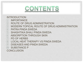 INTRODUCTION
① IMPORTANCE
② ROUTE OF DRUG ADMINISTRATION
③ MODERN TOPICAL ROUTE OF DRUG ADMINISTRATION
④ PATRA PINDA SWEDA
⑤ SHASHTIKA SHALI PINDA SWEDA
⑥ ABSORPTION THROUGH SKIN
⑦ PD OF HERBS
⑧ LOCAL HEAT THERAPY VS PINDA SWEDA
⑨ DISEASES AND PINDA SWEDA
⑩ SUBSTANCE P
CONCLUSION
 