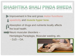 Improvement in fine and gross motor functions
spasticity and muscle hyper tone.
Absorption of drugs and nutrients locally affects
the local health.
Neuro muscular disorders –
Hemiplegia,Paraplegia, Muscular wasting, etc.
• DJD – OA.
 