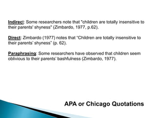 APA or Chicago Quotations
Indirect: Some researchers note that "children are totally insensitive to
their parents' shyness" (Zimbardo, 1977, p.62).
Direct: Zimbardo (1977) notes that “Children are totally insensitive to
their parents’ shyness” (p. 62).
Paraphrasing: Some researchers have observed that children seem
oblivious to their parents’ bashfulness (Zimbardo, 1977).
 