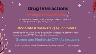Drug Interactions
Strong CYP3A4 inhibitor
Cocomitant use of Kerendia with Strong CYP3A4 is contradicted.
 Avoid grapefruit or grapefruit juice
Moderate & weak CYP3A4 Inhibitors
Monitor serum potassium during drug initiation or dosage adjustment of either
Kerendia or weak CYP3A4i and adjust Kerendia dosage
Strong and Moderate CYP3A4 inducers
Avoid concomitant use of Kerendia with strong or moderta CYP3A4 inducers
 