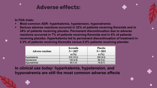 Adverse effects:
In FDA trials:
 Most common ADR: hyperkalemia, hypotension, hyponatremia
 Serious adverse reactions occurred in 32% of patients receiving Kerenida and in
34% of patients receiving placebo. Permanent discontinuation due to adverse
reactions occurred in 7% of patients receiving Kerenida and in 6% of patients
receiving placebo. Hyperkalemia led to permanent discontinuation of treatment in
2.3% of patients receiving Kerendia versus 0.9% patients receiving placebo
In clinical use today: hyperkalemia, hypotension, and
hyponatremia are still the most common adverse effects
 