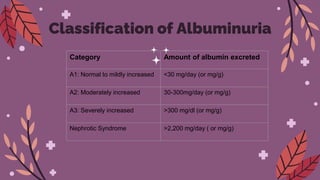 Classification of Albuminuria
Category Amount of albumin excreted
A1: Normal to mildly increased <30 mg/day (or mg/g)
A2: Moderately increased 30-300mg/day (or mg/g)
A3: Severely increased >300 mg/dl (or mg/g)
Nephrotic Syndrome >2,200 mg/day ( or mg/g)
 