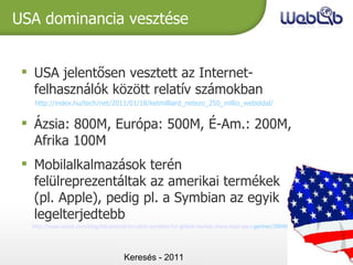 Keresés - 2011 USA dominancia vesztése USA jelentősen vesztett az Internet-felhasználók között relatív számokban http://index.hu/tech/net/2011/01/18/ketmilliard_netezo_250_millio_weboldal/  Ázsia: 800M, Európa: 500M, É-Am.: 200M, Afrika 100M Mobilalkalmazások terén felülreprezentáltak az amerikai termékek (pl. Apple), pedig pl. a Symbian az egyik legelterjedtebb http://www.zdnet.com/blog/btl/android-to-catch-symbian-for-global-market-share-lead-says- gartner/39040 