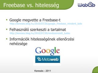 Keresés - 2011 Freebase vs. hitelesség Google megvette a Freebase-t http://kereses.blog.hu/2010/07/26/google_freebase_mindent_bele Felhasználó szerkeszti a tartalmat http://kereses.blog.hu/2010/07/30/rendszerezett_tudas Információk hitelességének ellenőrzési nehézsége 