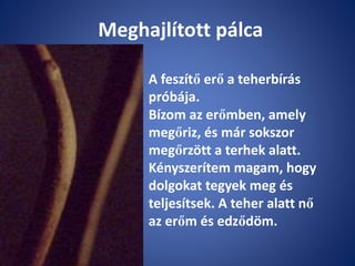 Meghajlított pálca
A feszítő erő a teherbírás
próbája.
Bízom az erőmben, amely
megőriz, és már sokszor
megőrzött a terhek alatt.
Kényszerítem magam, hogy
dolgokat tegyek meg és
teljesítsek. A teher alatt nő
az erőm és edződöm.
 