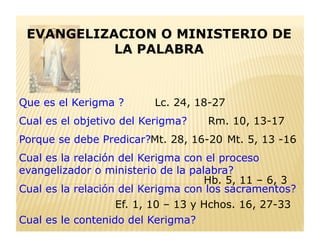 EVANGELIZACION O MINISTERIO DE
LA PALABRA
Que es el Kerigma ?
Porque se debe Predicar?
Cual es el objetivo del Kerigma?
Cual es le contenido del Kerigma?
Cual es la relación del Kerigma con el proceso
evangelizador o ministerio de la palabra?
Cual es la relación del Kerigma con los sacramentos?
Lc. 24, 18-27
Rm. 10, 13-17
Mt. 28, 16-20 Mt. 5, 13 -16
Hb. 5, 11 – 6, 3
Ef. 1, 10 – 13 y Hchos. 16, 27-33
 