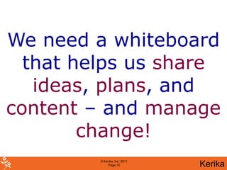 We need a whiteboard
  that helps us share
   ideas, plans, and
content – and manage
        change!
         © Kerika, Inc. 2011
              Page 10          Kerika
 