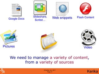 Slideshare,          Web snippets   Flash Content
   Google Docs    Scribd…




Pictures                                                  Video


    We need to manage a variety of content,
           from a variety of sources
                         © Kerika, Inc. 2011
                              Page 21                       Kerika
 