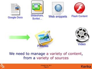 Slideshare,          Web snippets   Flash Content
Google Docs    Scribd…




                                                       Video
                   Pictures

We need to manage a variety of content,
       from a variety of sources
                      © Kerika, Inc. 2011
                           Page 22                       Kerika
 