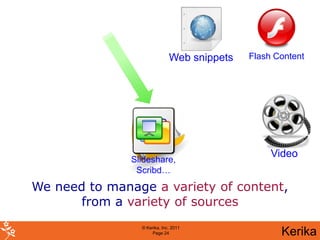 Web snippets   Flash Content




                                                  Video
               Slideshare,
                Scribd…

We need to manage a variety of content,
       from a variety of sources
                 © Kerika, Inc. 2011
                      Page 24                       Kerika
 