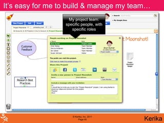 It’s easy for me to build & manage my team…
                   My project team:
                  specific people, with
                     specific roles




                      © Kerika, Inc. 2011
                           Page 40          Kerika
 