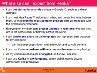 What else can I expect from Kerika?
● I can get started in seconds using any Google ID, such as a Gmail
  address!
● I can nest Idea Pages™ inside each other, and create live links between
  them, so that even the most complex projects can be managed with
  the simplest user interface!
● Everyone on my team gets project updates in real-time: whether they
  are in the same room, or halfway across the world!
● I can create and share visual templates that represent best practices
  for my company!
   ►   I can include process flows, methodologies and sample content.
● I can use Kerika anywhere, with any modern browser on any laptop!
● All my communications are encrypted, so I know I am safe!
● I can use Kerika in any language, so my global team is always
  comfortable and productive!

                                 © Kerika, Inc. 2011
                                      Page 42                      Kerika
 