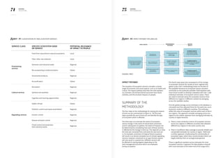 74 75KERING
2013 E PL
KERING
METHODOLOGY
Service Class Specific ecosystem good
or service
Potential relevance
of impact to people
Provisioning
services
Food from natural/semi-natural ecosystems Local
Fibre, other raw materials Local
Domestic and industrial water Regional
Bio-prospecting  medicinal plants Global
Ornamental products Regional
Air purification Global
Cultural services
Recreation Regional
Spiritual and aesthetic Regional
Cognitive and learning opportunities Regional
Regulating services
Stable climate Global
Pollution control and waste assimilation Regional
Erosion control Regional
Disease and pest control Regional
Flood control and protection
from extreme events
Regional
Figure 39: Classification of final ecosystem services Figure 40: Impact pathway for land use
Impact pathway
The valuation of ecosystem services considers a broad
range of economic and social aspects, such as to health and
culture. The impact pathway describes the links between
our activities, the environmental outcomes from those
activities, and the resultant impacts on people.
Summary of the
methodology
The four steps to the methodology for valuing the impacts
of land use are summarised in Figure 41. The first two
steps quantify the area of land use and identify the type
of ecosystem which is affected.
The third step is to estimate the extent of ecosystem
service change. In the event of natural land conversion,
and its subsequent occupation, the extent of impacts can
be determined by considering how each of these services
is affected by the change in land use. This depends on what
the land was converted from and what the new land use
is. For example, conversion of tropical forest to pasture
will result in an almost complete loss of climate regulating
services. However, conversion to an agro-forestry system
will only result in a partial loss. Different services will
be affected to varying degrees depending on the
land management practices which are employed
during occupation.
New conversions of
natural ecosystems
Change in regulating
services, e.g. carbon
sequestration
and storage
ECONOMIC IMPACTS:
E.g. altered assimilation capacity
leading to changes in water or
air quality
Occupation of
converted land
Change in provisioning
services e.g.
timber supply
ECONOMIC IMPACTS:
E.g. property damage
from flooding; changes
in agricultural production
Restoration/ enhancement
of previously
converted land
Change in cultural services,
e.g. recreation
ECONOMIC IMPACTS:
Impacts on biodiversity resulting
changes to recreational services
or educational opportunities
IMPACT DRIVER ENVIRONMENTAL
OUTCOMES
SOCIETAL
IMPACTS
Production of and demand
for raw materials, footprint
of buildings, ecological
restoration activities
The fourth step values the consequence of the change
in ecosystem services for society at local, regional and
global scales. PwC’s methodology draws on the best of
the available literature on ecosystem service valuation
and builds on the publically available TEEB database with
more recent studies to develop a database with over 1,500
individual estimates of ecosystem service values. These
are used to estimate values for ecosystem services from
different eco-regions in different contexts by averaging
across the available studies.
First the global average across estimates in the database is
calculated and then adjusted these for the particular socio-
economic context in different countries. The estimates
reflect the value of ecosystem services within each of the 6
eco-regions. The approach consider averaging across eco-
regions to be a better approach than averaging estimates by
country or region because:
1.	 There is more similarity in terms of ecosystem services
across eco-regions in different countries than between
different eco-regions in the same country; and,
2.	 There is insufficient data coverage to provide reliable and
comparable estimates by country or region. TEEB took
a similar approach, emphasising the commonality of
ecosystem types, rather than country borders which are
largely arbitrary from an ecological perspective.
There is significant variation across estimates for most
ecosystem services. In general, the data display a long tail
with most estimates at the lower end of the range and a
(Source: PwC)
 