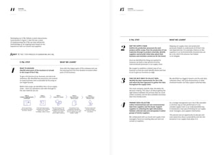 14 15KERING
2013 E PL
KERING
EXECUTIVE SUMMARY
Developing our E PL follows a seven step process,
summarised in Figure 5. Over the last 4 years
of implementing the E PL we have refined the
methodology on an ongoing basis based on our
experiences with our brands and suppliers.
FigURE 5: The 7 Step process to generating an E PL
E PL Step WHAT WE learnt
1 What to measure
Identify what parts of the business to include
in the scope of the E PL.
To get a full picture of our business, we had to be
ambitious. We identified key processes and covered
as many business units as possible by focusing on
our largest brands.
Within that scope, we identified ‘tiers’ of our supply
chain – from our operations and sales through to
the raw materials we use.
Start with the largest parts of the company and use
the learning from this first iteration to assess other
parts of the business.
TIER 0:
STORES, WAREHOUSES
 OFFICES
Direct operations
and retail (e.g. office,
transport, stores)
Primary production
of raw materials
(e.g. farming, mining,
extraction)
Final manufacturing or
assembly of the finished
product (e.g. shoes,
handbags, ready-to-wear)
Manufacturing of sub-
components that are
needed for the finished
product (e.g. heels,
woven fabric, buttons)
Processing of raw
materials to produce
material that can be used
by our industry (e.g. yarn,
leather, metal)
TIER 2:
MANUFACTURING
TIER 3:
RAW MATERIAL
PROCESSING
TIER 4:
RAW MATERIAL
PRODUCTION
TIER 1:
ASSEMBLY
E PL Step WHAT WE learnt
2 Map the supply chain
Outline the production processes for each
product within scope, from the production of raw
materials through to product assembly. Identify
suppliers and provide initial data about their
business and activities carried out for the brand.
Once we identified the things we wanted to
measure, we built a clear picture of all the
interconnected processes in our supply chain.
We sought to establish a holistic view of our
business so that we could identify where and how
to act to give our business an edge.
Mapping our supply chain and production
processes helped us understand all of their risks
and dependencies. For example, reliance on few
suppliers in an environmentally stressed area can
be a risk, which this process has helped
us to mitigate.
3 Find the best ways to collect data
Identify the data requirements for the E PL
and select the best approach to gather this data
throughout the supply chain.
The more company-specific data, the better for
decision-making. This step is all about getting the
right balance between the primary data we could
collect ourselves and the best available secondary
data that already exists.
We identified our biggest impacts and focused data
collection there. Life Cycle Assessments or other
chartered studies can help support collected data.
4 Primary data collection
Collect environmental and non-environmental
data from suppliers and the brand. Support
suppliers in collecting the right information.
Validate collected data and extrapolate it within
groups of similar suppliers.
We collaborated with our brand and supply chain
managers, found our existing data and sent out
surveys to suppliers.
As a change management tool, the E PL provided
a common way to view performance in our
complex supply chain in an understandable way.
It introduced a new way of thinking for our supply
chain managers, and suppliers themselves.
This process was an opportunity to educate and
raise awareness about sustainability and the role
everyone in our supply chain plays in it.
 