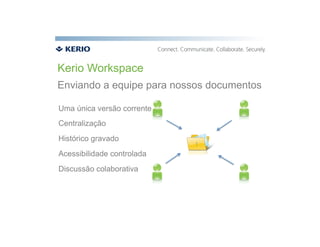 Kerio Workspace
Enviando a equipe para nossos documentos

Uma única versão corrente
Centralização
Histórico gravado
Acessibilidade controlada
Discussão colaborativa
 