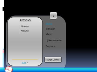 1
Indikator
SK/KD
Materi
Penyusun
Shut Down
LESSONS
Besaran
Alat ukur
Start >
Uji kemampuan
 