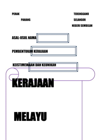 PERAK                        TERENGGANU
        PAHANG               SELANGOR
                            NEGERI SEMBILAN



ASAL-USUL NAMA


PEMBENTUKAN KERAJAAN


KEISTIMEWAAN DAN KEUNIKAN




KERAJAAN


 MELAYU
 