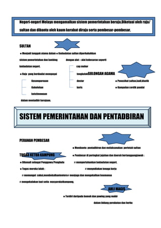 Negeri-negeri Melayu mengamalkan sistem pemerintahan beraja.Diketuai oleh raja/

sultan dan dibantu oleh kaum kerabat diraja serta pembesar-pembesar.



SULTAN
Menjadi tunggak utama dalamKedaulatan sultan diperkukuhkan

sistem pemerintahan dan lambing       dengan alat – alat kebesaran seperti

kedaulatan negeri.                              cap mohor

Raja yang berdaulat mempuyai                    tengkolokGOLONGAN AGAMA

          Kesempurnaan                           destar                           Penasihat sultan,kadi,khatib

          Kebolehan                              keris                            Kumpulan cerdik pandai

          keistimewaan

 dalam mentadbir kerajaan.




SISTEM PEMERINTAHAN DAN PENTADBIRAN

PERANAN PEMBESAR
                                           Membantu pentadbiran dan melaksanakan perintah sultan

TUGAS KETUA KAMPUNG                        Pembesar di peringkat jajahan dan daerah bertanggungjawab :

Dikenali sebagai Penggawa/Penghulu            # mempertahankan kedaulatan negeri,

Tugas mereka ialah :                                     # menyediakan tenaga kerja

  # memungut cukai,membekalkantentera# menjaga dan mengekalkan keamanaa

# mengekalakan taat setia masyarakatkampong,

                                                                             AHLI MAGIS
                                  Terdiri daripada bomoh dan pawing yang mahir

                                                                 dalam bidang perubatan dan herba
 