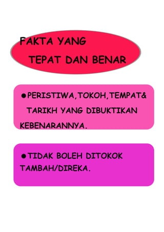 FAKTA YANG
 TEPAT DAN BENAR


PERISTIWA,TOKOH,TEMPAT&
 TARIKH YANG DIBUKTIKAN
KEBENARANNYA.


TIDAK BOLEH DITOKOK
TAMBAH/DIREKA.
 