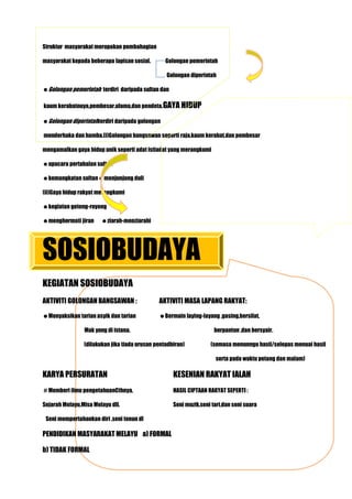 Struktur masyarakat merupakan pembahagian

masyarakat kepada beberapa lapisan sosial.       Golongan pemerintah

                                                 Golongan diperintah

Golongan pemerintah terdiri daripada sultan dan

kaum kerabatnuya,pembesar,ulama,dan pendeta.GAYA HIDUP

Golongan diperintahterdiri daripada golongan

menderhaka dan hamba.(i)Golongan bangsawan seperti raja,kaum kerabat,dan pembesar

mengamalkan gaya hidup unik seperti adat istiadat yang merangkumi

upacara pertabalan sultan

kemangkatan sultanmenjunjung duli

(ii)Gaya hidup rakyat merangkumi

kegiatan gotong-royong

menghormati jiran     ziarah-menziarahi




SOSIOBUDAYA
KEGIATAN SOSIOBUDAYA
AKTIVITI GOLONGAN BANGSAWAN :                 AKTIVITI MASA LAPANG RAKYAT:

Menyaksikan tarian asyik dan tarian          Bermain laying-layang ,gasing,bersilat,

                Mak yong di istana.                                  berpantun ,dan bersyair.

                (dilakukan jika tiada urusan pentadbiran)          (semasa menunngu hasil/selepas menuai hasil

                                                                     serta pada waktu petang dan malam)

KARYA PERSURATAN                                    KESENIAN RAKYAT IALAH
# Memberi ilmu pengetahuanCthnya,                   HASIL CIPTAAN RAKYAT SEPERTI :

Sejarah Melayu,Misa Melayu dll.                     Seni muzik,seni tari,dan seni suara

 Seni mempertahankan diri ,seni tenun dl

PENDIDIKAN MASYARAKAT MELAYU a) FORMAL

b) TIDAK FORMAL
 