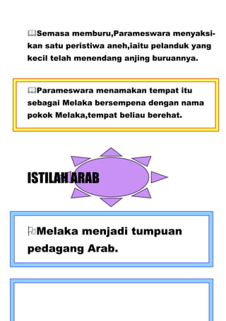 Semasa memburu,Parameswara menyaksi-
kan satu peristiwa aneh,iaitu pelanduk yang
kecil telah menendang anjing buruannya.



Parameswara menamakan tempat itu
sebagai Melaka bersempena dengan nama
pokok Melaka,tempat beliau berehat.




ISTILAH ARAB


Melaka menjadi tumpuan
pedagang Arab.
 