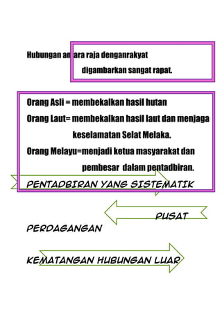 Hubungan antara raja denganrakyat
              digambarkan sangat rapat.


Orang Asli = membekalkan hasil hutan
Orang Laut= membekalkan hasil laut dan menjaga
            keselamatan Selat Melaka.
Orang Melayu=menjadi ketua masyarakat dan
               pembesar dalam pentadbiran.
PENTADBIRAN YANG SISTEMATIK



                                    PUSAT
PERDAGANGAN



KEMATANGAN HUBUNGAN LUAR
 