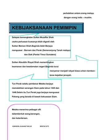 perbalahan antara orang melayu

                                                        dengan orang india – muslim.




KEBIJAKSANAAN PEMIMPIN
Selepas kemangkatan Sultan Muzaffar Shah

usaha perluasan kuasanya telah diganti oleh

Sultan Mansor Shah.Baginda telah Berjaya

menguasai : Bernam dan Perak (Semenanjung Tanah melayu)

             dan Siak (Pantai Timur Sumatera)


Sultan Alauddin Riayat Shah mementingkan

keamanan dan keselamatan negeri.Baginda turut

                                          menyamar menjadi rakyat biasa untuk memban-

                                          teras kejadian jenayah.



Tun Perak selaku pembesar Melaka berjaya

mematahkan serangan Siam pada tahun 1445 dan

1446.Selain itu,Tun Perak juga berjaya menguasai

Pahang yang berada di bawah kekuasaan Siam.




Melaka menerima pelbagai ufti

dalambentuk wang,barangan,

dan ketenteraan.


KAWASAN JAJAHAN TAKLUK      BENTUK UFTI
 