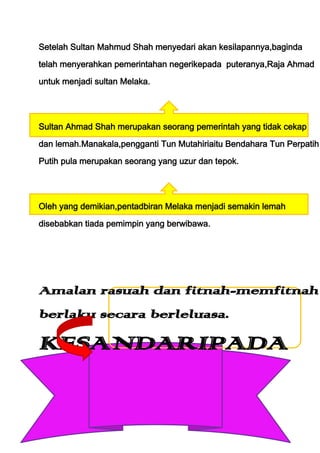 Setelah Sultan Mahmud Shah menyedari akan kesilapannya,baginda

telah menyerahkan pemerintahan negerikepada puteranya,Raja Ahmad

untuk menjadi sultan Melaka.




Sultan Ahmad Shah merupakan seorang pemerintah yang tidak cekap

dan lemah.Manakala,pengganti Tun Mutahiriaitu Bendahara Tun Perpatih

Putih pula merupakan seorang yang uzur dan tepok.




Oleh yang demikian,pentadbiran Melaka menjadi semakin lemah

disebabkan tiada pemimpin yang berwibawa.




Amalan rasuah dan fitnah-memfitnah
berlaku secara berleluasa.

KESANDARIPADA
 