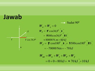 Jawab
                                                   Sudut 900
                        Ww      W     0
            F           WF     F cos36,90 s
                                5000 cos36,90 20
  f       F cos 36,90          80000 N.m 80 kJ
                        Wf       f cos1800 s        3500 cos1800 20
      w
                                 70000 Nm      70 kJ

                        Wtot     Ww W         WF W f
                                 0 0 80 kJ           70 kJ     10 kJ
 