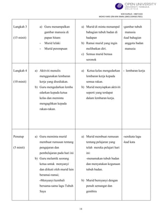 KOD KURSUS : HBEF3103
MOHD FARIS IZRA BIN ISMAIL (840115045017001)
14
Langkah 3
(15 minit)
a) Guru menampalkan
gambar manusia di
papan hitam:
- Murid lelaki
- Murid perempuan
a) Murid di minta menampal
bahagian tubuh badan di
hadapan
b) Ramai murid yang ingin
melibatkan diri.
c) Semua murid berasa
seronok
-gambar tubuh
manusia
-kad bahagian
anggota badan
manusia
Langkah 4
(10 minit)
a) Aktiviti menulis
menggunakan lembaran
kerja yang disediakan.
b) Guru mengedarkan lemba
edarkan kepada ketua
kelas dan meminta
mengagihkan kepada
rakan-rakan.
a) Ketua kelas mengedarkan
lembaran kerja kepada
semua rakan.
b) Murid menyiapkan aktiviti
seperti yang terdapat
dalam lembaran kerja.
- lembaran kerja
Penutup
(5 minit)
a) Guru meminta murid
membuat rumusan tentang
pengajaran dan
pembelajaran pada hari ini
b) Guru melantik seorang
ketua untuk menyanyi
dan diikuti oleh murid lain
beramai-ramai;
-Menyanyi kembali
bersama-sama lagu Tubuh
Saya
a) Murid membuat rumusan
tentang pelajaran yang
telah mereka pelajari hari
ini:
-menamakan tubuh badan
dan menyatakan kegunaan
tubuh badan.
b) Murid bernyanyi dengan
penuh semangat dan
gembira
-senikata lagu
-kad kata
 
