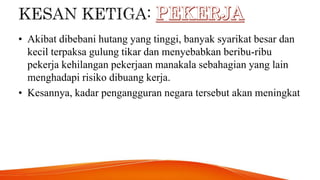 • Akibat dibebani hutang yang tinggi, banyak syarikat besar dan
kecil terpaksa gulung tikar dan menyebabkan beribu-ribu
pekerja kehilangan pekerjaan manakala sebahagian yang lain
menghadapi risiko dibuang kerja.
• Kesannya, kadar pengangguran negara tersebut akan meningkat
 