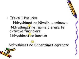 Efekti I Pasurise  Ndryshimet ne Nivelin e cmimeve  Ndryshimet ne fuqine blerese te aktivave financiare  Ndryshimet ne konsum  Ndryshimet ne Shpenzimet agregate  