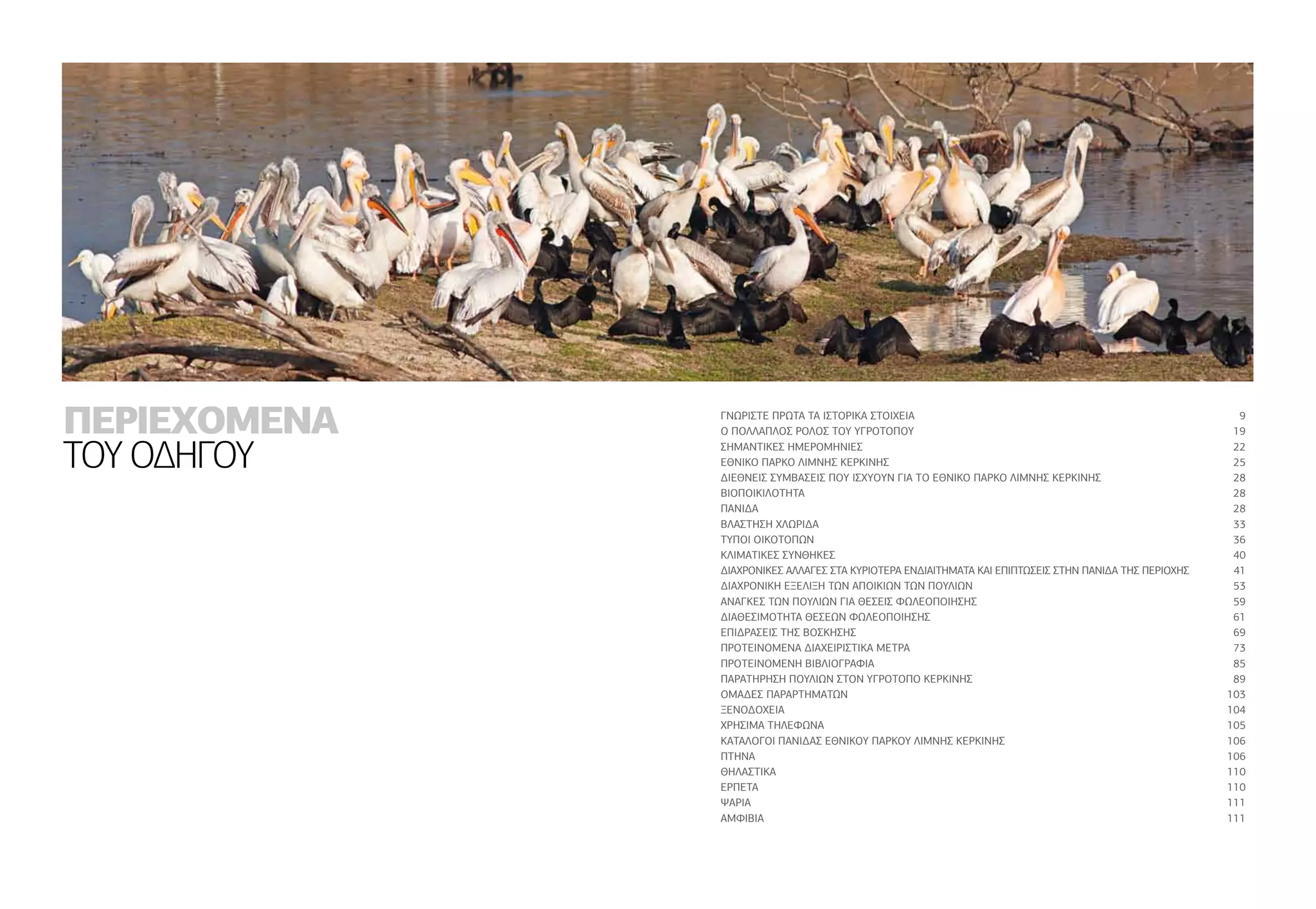 ΠΕΡΙΕΧΟΜΕΝΑ
ΤΟΥ ΟΔΗΓΟΥ
ΓΝΩΡΙΣΤΕ ΠΡΩΤΑ ΤΑ ΙΣΤΟΡΙΚΑ ΣΤΟΙΧΕΙΑ	 9
Ο ΠΟΛΛΑΠΛΟΣ ΡΟΛΟΣ ΤΟΥ ΥΓΡΟΤΟΠΟΥ	 19
ΣΗΜΑΝΤΙΚΕΣ ΗΜΕΡΟΜΗΝΙΕΣ	 22
ΕΘΝΙΚΟ ΠΑΡΚΟ ΛΙΜΝΗΣ ΚΕΡΚΙΝΗΣ	 25
ΔΙΕΘΝΕΙΣ ΣΥΜΒΑΣΕΙΣ ΠOΥ ΙΣΧΥOΥΝ ΓΙΑ ΤO ΕΘΝΙΚΟ ΠΑΡΚΟ ΛΙΜΝΗΣ ΚΕΡΚΙΝΗΣ	 28
ΒΙΟΠΟΙΚΙΛΟΤΗΤΑ	 28
ΠΑΝΙΔΑ	 28
ΒΛΑΣΤΗΣΗ ΧΛΩΡΙΔΑ	 33
ΤΥΠΟΙ ΟΙΚΟΤΟΠΩΝ	 36
ΚΛΙΜΑΤΙΚΕΣ ΣΥΝΘΗΚΕΣ	 40
ΔΙΑΧΡΟΝΙΚΕΣ ΑΛΛΑΓΕΣ ΣΤΑ ΚΥΡΙΟΤΕΡΑ ΕΝΔΙΑΙΤΗΜΑΤΑ ΚΑΙ ΕΠΙΠΤΩΣΕΙΣ ΣΤΗΝ ΠΑΝΙΔΑ ΤΗΣ ΠΕΡΙΟΧΗΣ	 41
ΔΙΑΧΡΟΝΙΚΗ ΕΞΕΛΙΞΗ ΤΩΝ ΑΠΟΙΚΙΩΝ ΤΩΝ ΠΟΥΛΙΩΝ	 53
ΑΝΑΓΚΕΣ ΤΩΝ ΠΟΥΛΙΩΝ ΓΙΑ ΘΕΣΕΙΣ ΦΩΛΕΟΠΟΙΗΣΗΣ	 59
ΔΙΑΘΕΣΙΜΟΤΗΤΑ ΘΕΣΕΩΝ ΦΩΛΕΟΠΟΙΗΣΗΣ	 61
ΕΠΙΔΡΑΣΕΙΣ ΤΗΣ ΒΟΣΚΗΣΗΣ	 69
ΠΡΟΤΕΙΝΟΜΕΝΑ ΔΙΑΧΕΙΡΙΣΤΙΚΑ ΜΕΤΡΑ	 73
ΠΡΟΤΕΙΝΟΜΕΝΗ ΒΙΒΛΙΟΓΡΑΦΙΑ	 85
ΠΑΡΑΤΗΡΗΣΗ ΠΟΥΛΙΩΝ ΣΤΟΝ ΥΓΡΟΤΟΠΟ ΚΕΡΚΙΝΗΣ	 89
ΟΜΑΔΕΣ ΠΑΡΑΡΤΗΜΑΤΩΝ	 103
ΞΕΝΟΔΟΧΕΙΑ	 104
ΧΡΗΣΙΜΑ ΤΗΛΕΦΩΝΑ	 105
ΚΑΤΑΛΟΓΟΙ ΠΑΝΙΔΑΣ ΕΘΝΙΚΟΥ ΠΑΡΚΟΥ ΛΙΜΝΗΣ ΚΕΡΚΙΝΗΣ	 106
ΠΤΗΝΑ	 106
ΘΗΛΑΣΤΙΚΑ	 110
ΕΡΠΕΤΑ	 110
ΨΑΡΙΑ	 111
ΑΜΦΙΒΙΑ	 111
 