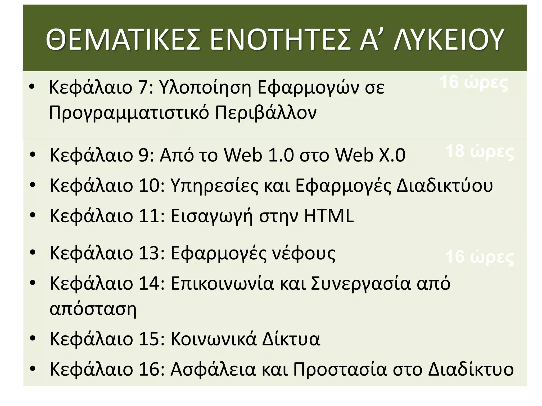 ΘΕΜΑΤΙΚΕΣ ΕΝΟΤΗΤΕΣ Α’ ΛΥΚΕΙΟΥ
• Κεφάλαιο 7: Υλοποίηση Εφαρμογών σε
Προγραμματιστικό Περιβάλλον
• Κεφάλαιο 9: Από το Web 1.0 στο Web X.0
• Κεφάλαιο 10: Υπηρεσίες και Εφαρμογές Διαδικτύου
• Κεφάλαιο 11: Εισαγωγή στην HTML
• Κεφάλαιο 13: Εφαρμογές νέφους
• Κεφάλαιο 14: Επικοινωνία και Συνεργασία από
απόσταση
• Κεφάλαιο 15: Κοινωνικά Δίκτυα
• Κεφάλαιο 16: Ασφάλεια και Προστασία στο Διαδίκτυο
16 ώρες
18 ώρες
16 ώρες
 