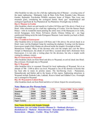 After breakfast we take you for a full day sightseeing trip of Munnar – covering some of
the major sightseeing - Mattupetty Lake & Dam, Echo Point, Kundale Lake, Blossom
Garden, Rajamalai, Eravikulam Wildlife sanctuary home of Nilgiry Thar (very rare
mountain goat), considering the ecological faunal, floral, geo- morphological and
zoological significant & Tea Plantation & Tea Plantation. Overnight stay in Hotel,
Day 6: Munnar to Cochin
After breakfast, check out and transfer to Cochin (145 Kms and 5 Hrs drive). Check in at
Hotel. After relaxation go for a half day sightseeing of Cochin, Visit the famous Dutch
Palace - with its wonderful mural painting the entire story of the Ramayana in its walls,
Jewish Synagogue, Jews Street, St.Francis church, Chinese fishing net - are huge
cantilevered fishing net & the indo-Portuguese Museum. Later transfer you back to Hotel.
Overnight stay
Day 7: Cochin to Guruvayoor
After breakfast drive to Guruvayoor (120 Kms and 3 Hrs drive). On arrival check in at
Hotel. Later visit the Elephant Camp for watching the elephant. Evening visit the famous
Guruvayoor temple (Only Hindus are allowed inside the temple). Overnight at Hotel
Mammiyoor Temple: Many of the devotees who visit the temple also visit the Shiva
Temple at Mammiyoor, the abode of Lord Shiva. Located about half a Kilometer from
Guruvayoor, it is not only a visiting place for the devotees, but also a temple worth
visiting by ordinary visitors.
Day 8: Guruvayoor to Wayanad
After breakfast check out from Hotel and drive to Wayanad, on arrival check into Hotel.
Day at leisure. Overnight stay in Wayanad.
Day 9: Wayanad
After breakfast drive to wayanad. Proceed for local sightseeing of Wayanad. Set at an
altitude of 700 - 2100 m above sea level, Wayanad is one of the districts in Kerala that
has been able to retain its pristine nature. The fast-flowing rivers - Panamaram,
Mananthavady and Kabini add to the beauty of this region. Sightseeing attractions in
Wayanad include Pookoda Lake, Lakkadi, Kuruva Island and Edakkal Cave. Overnight
stay is arranged in Wayanad.
Day 10: Wayanad to Calicut Drop.
After breakfast check out from Hotel and drive to Calicut Airport for onward journey.

Note: Rates are Per Person basis
Type                2 Pax        4 Pax        6 Pax        Extra Child    Extra Adult
Standard            23300        19845        17345        6200           7800
Deluxe              28565        25125        22625        8100           9500
Premium             33075        29625        27125        10900          12400
Luxury              41125        37685        35190        13500          13500
Super Luxury

Tour Name: Kerala with Temple Triangle
Destination: Arr. at Cochin Transfer (Munnar 2) – Thekkady (Periyar) –
(Kodaikanal 2) – Madurai – Rameshwaram – Kanyakumari – (Kovalam 2) –
Kumarakom – Alleppey – Cochin – Drop. To Cochin
 