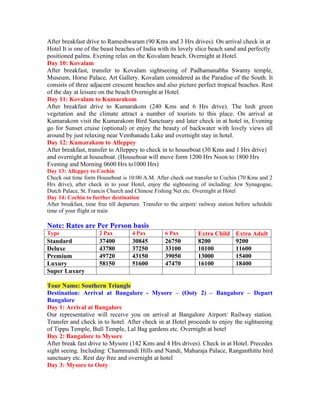 After breakfast drive to Rameshwaram (90 Kms and 3 Hrs drives). On arrival check in at
Hotel It is one of the beast beaches of India with its lovely slice beach sand and perfectly
positioned palms. Evening relax on the Kovalam beach. Overnight at Hotel.
Day 10: Kovalam
After breakfast, transfer to Kovalam sightseeing of Padhamanabha Swamy temple,
Museum, Horse Palace, Art Gallery. Kovalam considered as the Paradise of the South. It
consists of three adjacent crescent beaches and also picture perfect tropical beaches. Rest
of the day at leisure on the beach Overnight at Hotel.
Day 11: Kovalam to Kumarakom
After breakfast drive to Kumarakom (240 Kms and 6 Hrs drive). The lush green
vegetation and the climate attract a number of tourists to this place. On arrival at
Kumarakom visit the Kumarakom Bird Sanctuary and later check in at hotel in, Evening
go for Sunset cruise (optional) or enjoy the beauty of backwater with lovely views all
around by just relaxing near Vembanadu Lake and overnight stay in hotel.
Day 12: Kumarakom to Alleppey
After breakfast, transfer to Alleppey to check in to houseboat (30 Kms and 1 Hrs drive)
and overnight at houseboat. (Houseboat will move form 1200 Hrs Noon to 1800 Hrs
Evening and Morning 0600 Hrs to1000 Hrs)
Day 13: Alleppey to Cochin
Check out time form Houseboat is 10:00 A.M. After check out transfer to Cochin (70 Kms and 2
Hrs drive), after check in to your Hotel, enjoy the sightseeing of including: Jew Synagogue,
Dutch Palace, St. Francis Church and Chinese Fishing Net etc. Overnight at Hotel
Day 14: Cochin to further destination
After breakfast, time free till departure. Transfer to the airport/ railway station before schedule
time of your flight or train

Note: Rates are Per Person basis
Type                  2 Pax          4 Pax         6 Pax          Extra Child     Extra Adult
Standard              37400          30845         26750          8200            9200
Deluxe                43780          37250         33100          10100           11600
Premium               49720          43150         39050          13000           15400
Luxury                58150          51600         47470          16100           18400
Super Luxury

Tour Name: Southern Triangle
Destination: Arrival at Bangalore - Mysore – (Ooty 2) – Bangalore – Depart
Bangalore
Day 1: Arrival at Bangalore
Our representative will receive you on arrival at Bangalore Airport/ Railway station.
Transfer and check in to hotel. After check in at Hotel proceeds to enjoy the sightseeing
of Tippu Temple, Bull Temple, Lal Bag gardens etc. Overnight at hotel
Day 2: Bangalore to Mysore
After break fast drive to Mysore (142 Kms and 4 Hrs drives). Check in at Hotel. Precedes
sight seeing. Including: Chammundi Hills and Nandi, Maharaja Palace, Ranganthittu bird
sanctuary etc. Rest day free and overnight at hotel
Day 3: Mysore to Ooty
 