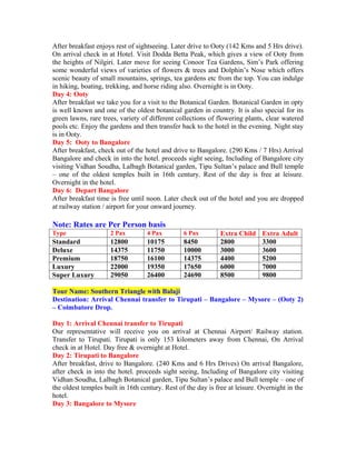 After breakfast enjoys rest of sightseeing. Later drive to Ooty (142 Kms and 5 Hrs drive).
On arrival check in at Hotel. Visit Dodda Betta Peak, which gives a view of Ooty from
the heights of Nilgiri. Later move for seeing Conoor Tea Gardens, Sim’s Park offering
some wonderful views of varieties of flowers & trees and Dolphin’s Nose which offers
scenic beauty of small mountains, springs, tea gardens etc from the top. You can indulge
in hiking, boating, trekking, and horse riding also. Overnight is in Ooty.
Day 4: Ooty
After breakfast we take you for a visit to the Botanical Garden. Botanical Garden in opty
is well known and one of the oldest botanical garden in country. It is also special for its
green lawns, rare trees, variety of different collections of flowering plants, clear watered
pools etc. Enjoy the gardens and then transfer back to the hotel in the evening. Night stay
is in Ooty.
Day 5: Ooty to Bangalore
After breakfast, check out of the hotel and drive to Bangalore. (290 Kms / 7 Hrs) Arrival
Bangalore and check in into the hotel. proceeds sight seeing, Including of Bangalore city
visiting Vidhan Soudha, Lalbagh Botanical garden, Tipu Sultan’s palace and Bull temple
– one of the oldest temples built in 16th century. Rest of the day is free at leisure.
Overnight in the hotel.
Day 6: Depart Bangalore
After breakfast time is free until noon. Later check out of the hotel and you are dropped
at railway station / airport for your onward journey.

Note: Rates are Per Person basis
Type                 2 Pax         4 Pax         6 Pax        Extra Child     Extra Adult
Standard             12800         10175         8450         2800            3300
Deluxe               14375         11750         10000        3000            3600
Premium              18750         16100         14375        4400            5200
Luxury               22000         19350         17650        6000            7000
Super Luxury         29050         26400         24690        8500            9800

Tour Name: Southern Triangle with Balaji
Destination: Arrival Chennai transfer to Tirupati – Bangalore – Mysore – (Ooty 2)
– Coimbatore Drop.

Day 1: Arrival Chennai transfer to Tirupati
Our representative will receive you on arrival at Chennai Airport/ Railway station.
Transfer to Tirupati. Tirupati is only 153 kilometers away from Chennai, On Arrival
check in at Hotel. Day free & overnight at Hotel.
Day 2: Tirupati to Bangalore
After breakfast, drive to Bangalore. (240 Kms and 6 Hrs Drives) On arrival Bangalore,
after check in into the hotel. proceeds sight seeing, Including of Bangalore city visiting
Vidhan Soudha, Lalbagh Botanical garden, Tipu Sultan’s palace and Bull temple – one of
the oldest temples built in 16th century. Rest of the day is free at leisure. Overnight in the
hotel.
Day 3: Bangalore to Mysore
 