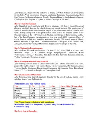 After Breakfast, check out hotel and drive to Trichy. (330 Km, 8 Hour) On arrival check
in into hotel. Visit Government Museum, Viralimalai Sanctuary, Kudumianmalai, Rock
Fort Temple, Sri Ranganathaswami Temple, Tiruvanaikkaval or Jambukeswara Temple,
Evening is at your disposal to expend at leisure. Overnight at the hotel.

Day 4: Trichy to Madurai
After Breakfast, check out hotel and drive to Madurai. (160 Km, 4 Hour) On arrival
check-in into hotel. Proceed for a local sightseeing tour of Madurai. The temple town of
Madurai, situated on the banks of river Vaigai, is one of the most ancient cities in India
with a history dating back to the pre-Christian times. It was the imperial capital of the
Pandyan Empire in the 14th Century AD. Madurai was the seat of Tamil learning and the
last of the Tamil Sangams (Academies) was held here nearly 2000 years ago. Places of
tourist interest include the imposing Meenakshi Temple, Thirumalai Nayakar Mahal,
Gandhi Museum, Vaigai Dam, Thirupparankundrum, Athisayam Water Theme Park,
Azhagar Koil and the Vandiyur Mariamman Teppakulam. Overnight at the hotel.

Day 5: Madurai to Rameshwaram
After breakfast drive to Rameshwaram. (170 Kms / 5 Hrs). After check in to Hotel visit.
Hanuman Temple (24 ft.) Pamban Bridge, Navpanigriham, Dahanskodi, Kashi
Vishwanatha Temple, 24 Kundalas, Ram Paravath, Sita Paravath, Hanuman Paravath,
Vishnu Temple. etc. Overnight at hotel.

Day 6: Rameshwaram to Kanayakumari
After morning Darshan move to Kanyakumari (310 Kms / 8 Hrs). After check in at Hotel.
proceed for sightseeing of visit Sunrise Point, Triveni Sangamam, Devikumari Amman
Temple, Gandhi Mantapam, Kamarajmani Mantapam, Vivekananda Rock, Tiruvalluvar
Statue (133 Ft.), Susendran Temple. etc. Overnight at hotel.

Day 7: Kanyakumari Departure
After breakfast, time free till departure. Transfer to the airport/ railway station before
schedule time of your flight or train.

Note: Rates are Per Person basis
Type                2 Pax        4 Pax         6 Pax        Extra Child    Extra Adult
Standard            21470        17250         13950        3400           3800
Deluxe              23450        19200         15850        4000           4600
Premium             26250        22050         18670        4900           5600
Luxury              30350        26150         22785        6200           7200
Super Luxury        34785        30575         27229        6800           7800

Tour Name: Southern Triangle with Kodaikanal
Destination: Arrival at Bangalore - Mysore – (Ooty 2) – (Kodaikanal 2) –
Coimbatore Drop.

Day 1: Arrival at Bangalore
 