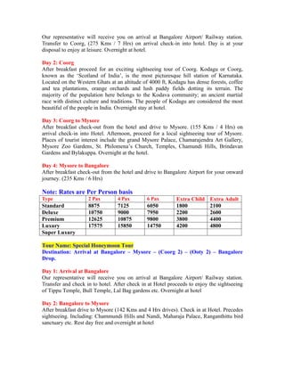 Our representative will receive you on arrival at Bangalore Airport/ Railway station.
Transfer to Coorg, (275 Kms / 7 Hrs) on arrival check-in into hotel. Day is at your
disposal to enjoy at leisure. Overnight at hotel.

Day 2: Coorg
After breakfast proceed for an exciting sightseeing tour of Coorg. Kodagu or Coorg,
known as the ‘Scotland of India’, is the most picturesque hill station of Karnataka.
Located on the Western Ghats at an altitude of 4000 ft, Kodagu has dense forests, coffee
and tea plantations, orange orchards and lush paddy fields dotting its terrain. The
majority of the population here belongs to the Kodava community; an ancient martial
race with distinct culture and traditions. The people of Kodagu are considered the most
beautiful of the people in India. Overnight stay at hotel.

Day 3: Coorg to Mysore
After breakfast check-out from the hotel and drive to Mysore. (155 Kms / 4 Hrs) on
arrival check-in into Hotel. Afternoon, proceed for a local sightseeing tour of Mysore.
Places of tourist interest include the grand Mysore Palace, Chamarajendra Art Gallery,
Mysore Zoo Gardens, St. Philomena’s Church, Temples, Chamundi Hills, Brindavan
Gardens and Bylakuppa. Overnight at the hotel.

Day 4: Mysore to Bangalore
After breakfast check-out from the hotel and drive to Bangalore Airport for your onward
journey. (235 Kms / 6 Hrs)

Note: Rates are Per Person basis
Type                2 Pax        4 Pax        6 Pax        Extra Child    Extra Adult
Standard            8875         7125         6050         1800           2100
Deluxe              10750        9000         7950         2200           2600
Premium             12625        10875        9800         3800           4400
Luxury              17575        15850        14750        4200           4800
Super Luxury

Tour Name: Special Honeymoon Tour
Destination: Arrival at Bangalore – Mysore – (Coorg 2) – (Ooty 2) – Bangalore
Drop.

Day 1: Arrival at Bangalore
Our representative will receive you on arrival at Bangalore Airport/ Railway station.
Transfer and check in to hotel. After check in at Hotel proceeds to enjoy the sightseeing
of Tippu Temple, Bull Temple, Lal Bag gardens etc. Overnight at hotel

Day 2: Bangalore to Mysore
After breakfast drive to Mysore (142 Kms and 4 Hrs drives). Check in at Hotel. Precedes
sightseeing. Including: Chammundi Hills and Nandi, Maharaja Palace, Ranganthittu bird
sanctuary etc. Rest day free and overnight at hotel
 