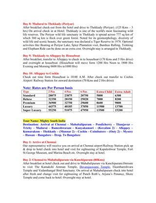 Day 8: Madurai to Thekkady (Periyar)
After breakfast check-out from the hotel and drive to Thekkady (Periyar). (125 Kms – 3
hrs) On arrival check in at Hotel. Thekkady is one of the world's most fascinating wild
life reserves. The Periyar wild life sanctuary in Thekkady is spread across 777 sq km of
which 360 sq km is thick ever green forest. Noted for its geomorphology, diversity of
wild life and scenic beauty, the sanctuary was declared a Tiger Reserve in 1978. Optional
activities like Boating at Periyar Lake, Spice Plantation visit, Bamboo Rafting, Trekking
and Elephant Ride can be done on an extra cost. Overnight stay is arranged in Thekkady.

Day 9: Thekkady to Alleppey by Houseboat
After breakfast, transfer to Alleppey to check in to houseboat (170 Kms and 5 Hrs drive)
and overnight at houseboat. (Houseboat will move form 1200 Hrs Noon to 1800 Hrs
Evening and Morning 0600 Hrs to1000 Hrs)

Day 10: Alleppey to Cochin
Check out time form Houseboat is 10:00 A.M. After check out transfer to Cochin
Airport/ Railway Station for onward destination (70 Kms and 2 Hrs drive)

Note: Rates are Per Person basis
Type                2 Pax        4 Pax        6 Pax        Extra Child    Extra Adult
Standard            28075        23875        20750        5800           6300
Deluxe              32350        28150        25020        7000           8200
Premium             36900        32750        29600        8600           9800
Luxury              44375        40185        37050        11900          13700
Super Luxury        55250        51075        47950        13500          15200


Tour Name: Mighty South India
Destination: Arrival at Chennai – Mahabalipuram – Pondicherry – Thanjavur –
Trichy – Madurai – Rameshwaram – Kanyakumari – (Kovalam 2) – Alleppey –
Kumarakom – Thekkady – (Munnar 2) – Cochin – Coimbatore – (Ooty 2) – Mysore
– Hassan – Bangalore – Drop. To Bangalore

Day 1: Arrive at Chennai
Our representative will receive you on arrival at Chennai airport/Railway Station pick up
& drop to hotel check into hotel and visit for sightseeing of Kapaleshwar Temple, Fort
St.George Museum, and Marina Beach etc. Overnight stay at hotel.

Day 2: Chennai to Mahabalipuram via Kanchipuram (80Kms)
After breakfast at hotel check out and drive to Mahabalipuram via Kanchipuram.Onroute
to visit The Kamakshi Amman Temple, Devarajaswami Temple, Ekambareshvara
Temple and Vedanthangal Bird Sanctuary. On arrival at Mahabalipuram check into hotel
after fresh and change visit for sightseeing of Panch Roth’s, Arjuna’s Penance, Shore
Temple and come back to hotel. Overnight stay at hotel.
 