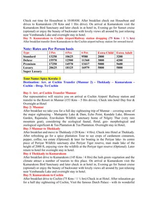 Check out time for Houseboat is 10:00AM. After breakfast check out Houseboat and
drives to Kumarakom (30 Kms and 1 Hrs drive). On arrival at Kumarakom visit the
Kumarakom Bird Sanctuary and later check in at hotel in, Evening go for Sunset cruise
(optional) or enjoy the beauty of backwater with lovely views all around by just relaxing
near Vembanadu Lake and overnight stay in hotel.
Day 5: Kumarakom to Cochin Airport/Railway station dropping (75 Kms / 1 ½ hrs)
After breakfast transfer from Kumarakom to the Cochin airport/railway station for onward travel

Note: Rates are Per Person basis
Type                 2 Pax         4 Pax         6 Pax         Extra Child     Extra Adult
Standard             13250         10625         9580          2800            3200
Deluxe               15570         12500         11360         3800            4200
Premium              17250         14570         13417         5000            5600
Luxury               20625         18125         16979         5800            5800
Super Luxury

Tour Name: Spicy Kerala- 1
Destination: Arr. at Cochin Transfer (Munnar 2) - Thekkady – Kumarakom -
Cochin – Drop. To Cochin

Day 1: Arr. at Cochin Transfer Munnar
Our representative will receive you on arrival at Cochin Airport/ Railway station and
transfer to the Resort in Munnar (153 Kms – 5 Hrs drives). Check into hotel Day free &
Overnight at Hotel
Day 2: Munnar
After breakfast we take you for a full day sightseeing trip of Munnar – covering some of
the major sightseeing - Mattupetty Lake & Dam, Echo Point, Kundale Lake, Blossom
Garden, Rajamalai, Eravikulam Wildlife sanctuary home of Nilgiry Thar (very rare
mountain goat), considering the ecological faunal, floral, geo- morphological and
zoological significant & Tea Plantation & Tea Plantation. Overnight stay in Hotel,
Day 3 Munnar to Thekkady
After breakfast and move to Thekkady (120 Kms / 4 Hrs). Check into Hotel at Thekkady.
After refreshing go for a spice plantation Tour to see crops of cardamom cinnamon,
pepper, coffee, tea estate (Optional) & later for boating in the Periyar lake- its centre
piece of Periyar Wildlife sanctuary also Periyar Tiger reserve, man made lake of the
height of 2000 ft, enjoying view the wildlife at the Periyar tiger reserve (Optional). Later
return to hotel for overnight stay in hotel.
Day 4 Thekkady to Kumarakom
After breakfast drive to Kumarakom (145 Kms / 4 Hrs) the lush green vegetation and the
climate attract a number of tourists to this place. On arrival at Kumarakom visit the
Kumarakom Bird Sanctuary and later check in at hotel in, Evening go for Sunset cruise
(optional) or enjoy the beauty of backwater with lovely views all around by just relaxing
near Vembanadu Lake and overnight stay in hotel.
Day 5: Kumarakom to Cochin
After breakfast drive to Cochin (75 Kms / 1 ½ hrs) Check in at Hotel. After relaxation go
for a half day sightseeing of Cochin, Visit the famous Dutch Palace - with its wonderful
 
