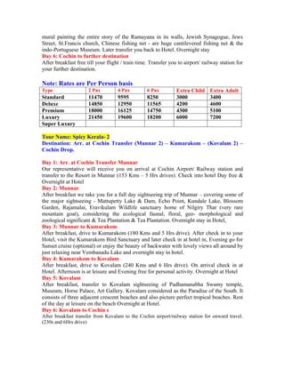 mural painting the entire story of the Ramayana in its walls, Jewish Synagogue, Jews
Street, St.Francis church, Chinese fishing net - are huge cantilevered fishing net & the
indo-Portuguese Museum. Later transfer you back to Hotel. Overnight stay
Day 6: Cochin to further destination
After breakfast free till your flight / train time. Transfer you to airport/ railway station for
your further destination.

Note: Rates are Per Person basis
Type                  2 Pax         4 Pax         6 Pax         Extra Child     Extra Adult
Standard              11470         9595          8250          3000            3400
Deluxe                14850         12950         11565         4200            4600
Premium               18000         16125         14750         4300            5100
Luxury                21450         19600         18200         6000            7200
Super Luxury

Tour Name: Spicy Kerala- 2
Destination: Arr. at Cochin Transfer (Munnar 2) – Kumarakom – (Kovalam 2) –
Cochin Drop.

Day 1: Arr. at Cochin Transfer Munnar
Our representative will receive you on arrival at Cochin Airport/ Railway station and
transfer to the Resort in Munnar (153 Kms – 5 Hrs drives). Check into hotel Day free &
Overnight at Hotel
Day 2: Munnar
After breakfast we take you for a full day sightseeing trip of Munnar – covering some of
the major sightseeing - Mattupetty Lake & Dam, Echo Point, Kundale Lake, Blossom
Garden, Rajamalai, Eravikulam Wildlife sanctuary home of Nilgiry Thar (very rare
mountain goat), considering the ecological faunal, floral, geo- morphological and
zoological significant & Tea Plantation & Tea Plantation. Overnight stay in Hotel,
Day 3: Munnar to Kumarakom
After breakfast, drive to Kumarakom (180 Kms and 5 Hrs drive). After check in to your
Hotel, visit the Kumarakom Bird Sanctuary and later check in at hotel in, Evening go for
Sunset cruise (optional) or enjoy the beauty of backwater with lovely views all around by
just relaxing near Vembanadu Lake and overnight stay in hotel.
Day 4: Kumarakom to Kovalam
After breakfast, drive to Kovalam (240 Kms and 6 Hrs drive). On arrival check in at
Hotel. Afternoon is at leisure and Evening free for personal activity. Overnight at Hotel
Day 5: Kovalam
After breakfast, transfer to Kovalam sightseeing of Padhamanabha Swamy temple,
Museum, Horse Palace, Art Gallery. Kovalam considered as the Paradise of the South. It
consists of three adjacent crescent beaches and also picture perfect tropical beaches. Rest
of the day at leisure on the beach Overnight at Hotel.
Day 6: Kovalam to Cochin s
After breakfast transfer from Kovalam to the Cochin airport/railway station for onward travel.
(230s and 6Hrs drive)
 