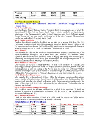 Premium                21315         18910          17395         6600             7200
Luxury                 24565         22160          20650         7000             7600
Super Luxury

Tour Name: Element to Kerala-1
Destination: Arrival Cochin – (Munnar 2) - Thekkady – Kumarakom – Alleppey Houseboat
– Cochin Drop.
Day 1: Arrival Cochin
Arrival at Cochin Airport/ Railway Station. Transfer to Hotel. After relaxation go for a half day
sightseeing of Cochin, Visit the famous Dutch Palace - with its wonderful mural painting the
entire story of the Ramayana in its walls, Jewish Synagogue, Jews Street, St.Francis church,
Chinese fishing net - are huge cantilevered fishing net & the indo-Portuguese Museum. Later
transfer you back to Hotel. Overnight stay in Hotel.
Day 2: Cochin to Munnar
Checkout from Cochin hotel after breakfast, and we take you to Munnar (140 Kms / 04 Hrs).
Throughout the journey enjoy beautiful streams small water falls, Rubber, Pepper cardamom and
Tea plantations and thick forests, God has blessed his own country with incomparable beauty on
arrival at Munnar check in to Hotel. PM: At leisure. Overnight stay in Hotel,
Day 3: Munnar
After breakfast we take you for a full day sightseeing trip of Munnar – covering some of the
major sightseeing - Mattupetty Lake & Dam, Echo Point, Kundale Lake, Blossom Garden,
Rajamalai, Eravikulam Wildlife sanctuary home of Nilgiry Thar (very rare mountain goat),
considering the ecological faunal, floral, geo- morphological and zoological significant & Tea
Plantation & Tea Plantation. Overnight stay in Hotel, Munnar.
Day 4: Munnar to Thekkady
After breakfast and move to Thekkady (120 Kms / 4 Hrs). Check into Hotel at Thekkady. After
refreshing go for a spice plantation Tour to see crops of cardamom cinnamon, pepper, coffee, tea
estate (Optional) & later for boating in the Periyar lake- its centre piece of Periyar Wildlife
sanctuary also Periyar Tiger reserve, man made lake of the height of 2000 ft, enjoying view the
wildlife at the Periyar tiger reserve (Optional). Later return to hotel for overnight stay in hotel.
Day 5: Thekkady to Kumarakom
After breakfast drive to Kumarakom (145 Kms / 4 Hrs) the lush green vegetation and the climate
attract a number of tourists to this place. On arrival at Kumarakom visit the Kumarakom Bird
Sanctuary and later check in at hotel in, Evening go for Sunset cruise (optional) or enjoy the
beauty of backwater with lovely views all around by just relaxing near Vembanadu Lake and
overnight stay in hotel.
Day 6: Kumarakom to Alleppey Houseboat
After breakfast, transfer to Alleppey by Houseboat to check in to houseboat (30 Kms) and
overnight at houseboat. (Houseboat will move form 1200 Hrs Noon to 1800 Hrs Evening and
Morning 0600 Hrs to1000 Hrs)
Day 7: Alleppey to Cochin
Check out time form Houseboat is 10:00 A.M. After check out transfer to Cochin Airport/
Railway Station for further destination (70 Kms and 2 Hrs drive)
Note: Rates are Per Person basis
Type                   2 Pax         4 Pax          6 Pax         Extra Child      Extra Adult
Standard               17250         14150          12525         4000             4600
Deluxe                 20500         17375          15770         5000             5600
Premium                23820         20690          19090         6200             7000
Luxury                 27150         24000          22400         7000             8200
 